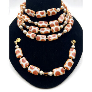 PGP.M RARE Genuine Pearls Amber Crystals Rhinestone Necklace & Bracelet Set